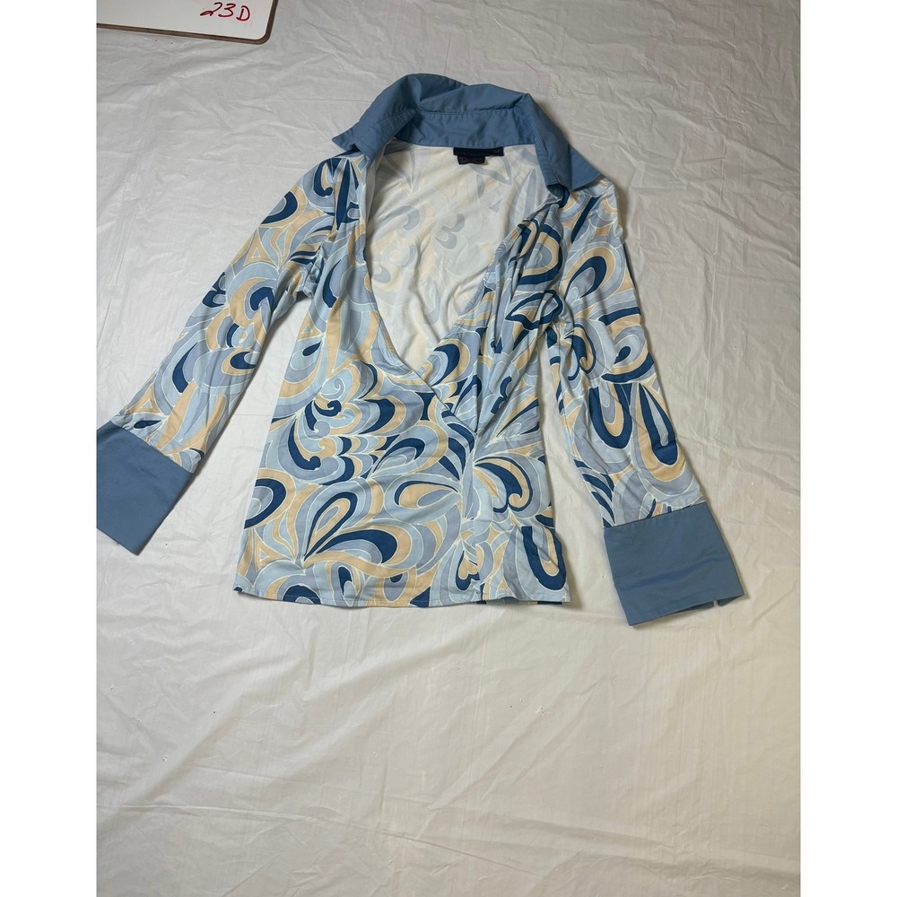 Debbie Shuchat Blue Swirl Print Long Sleeve Collared Wrap Top Women S P